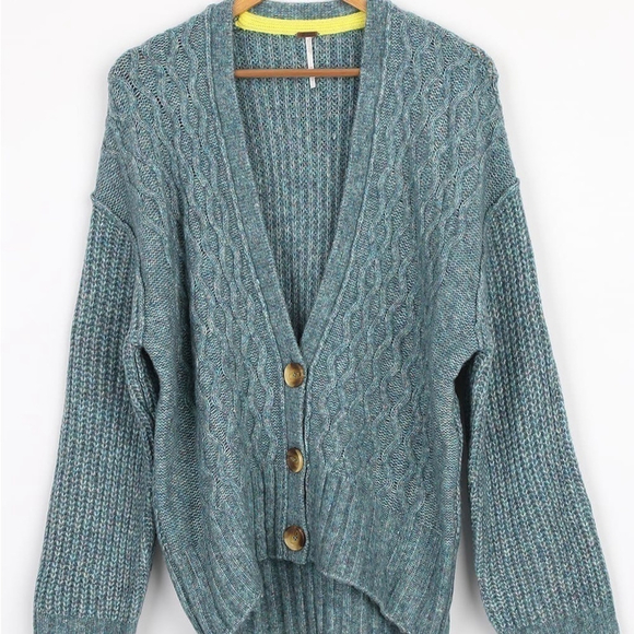 FREE People Molly Teal Multi Cable Knit Oversized Cardigan Sweater - Picture 4 of 13